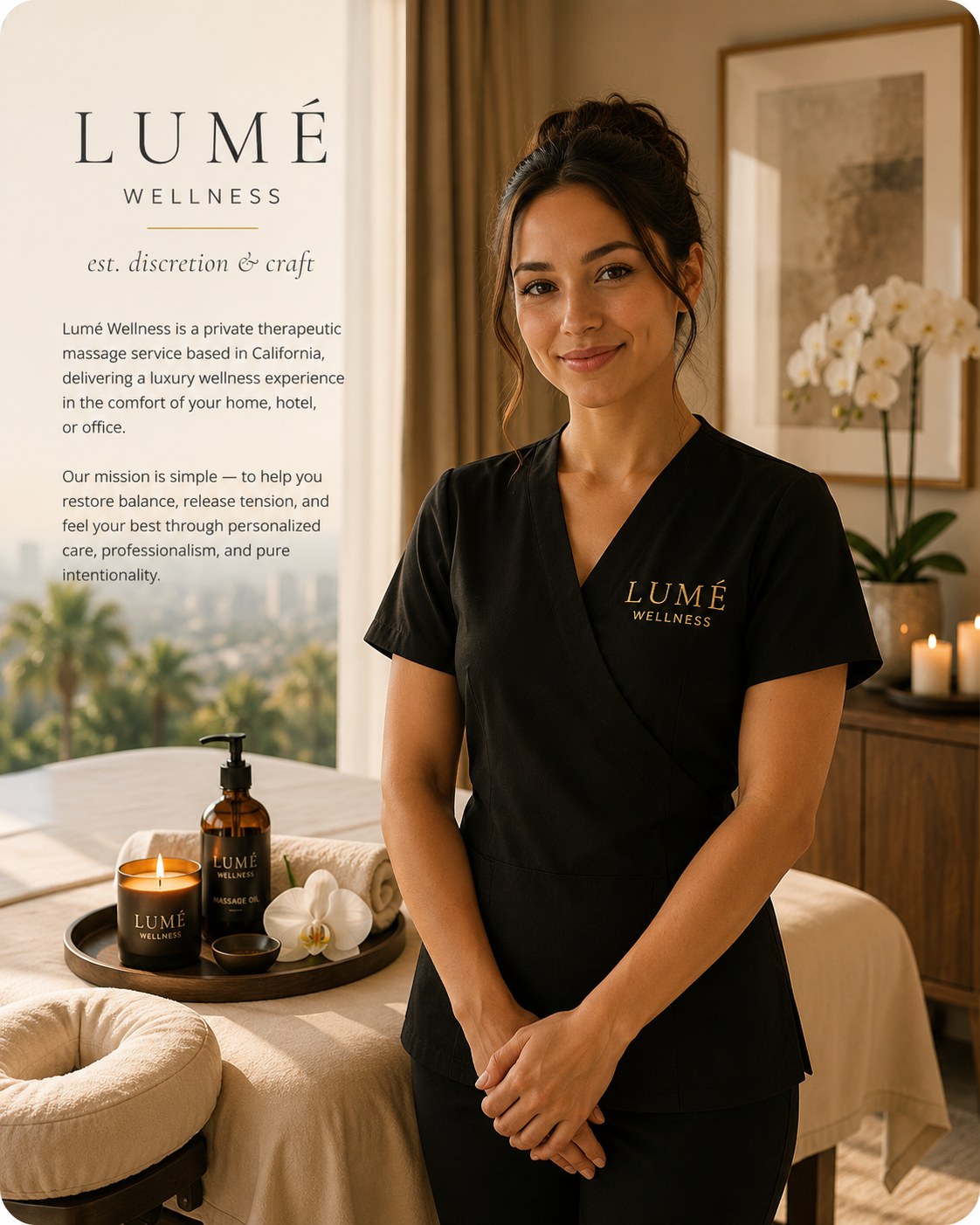 A licensed Lumé Wellness therapist in branded uniform, standing beside a prepared massage table with candles and orchids in a sunlit California suite