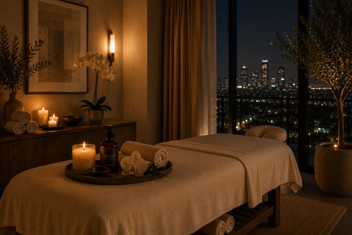 A treatment room at night with candles lit and a city skyline glowing through the window