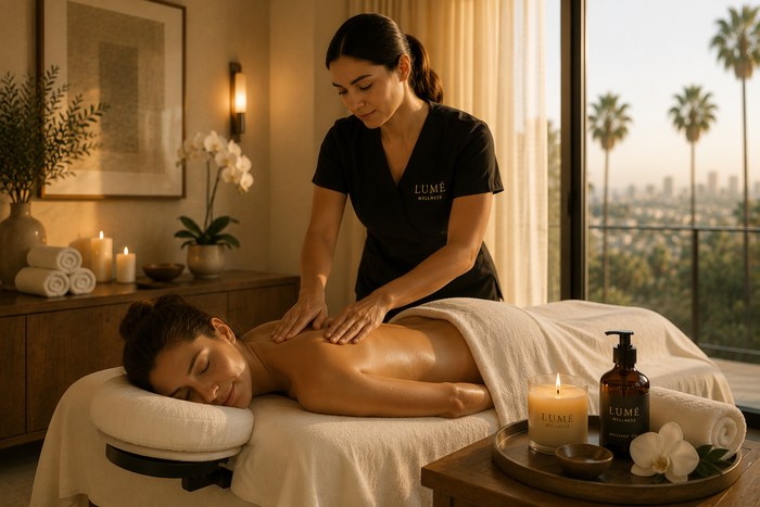 A licensed Lumé Wellness therapist giving a back massage as golden hour light streams through the window