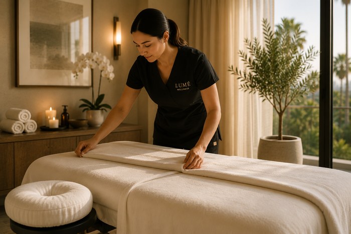 A Lumé Wellness therapist carefully folding fresh linens on a prepared massage table