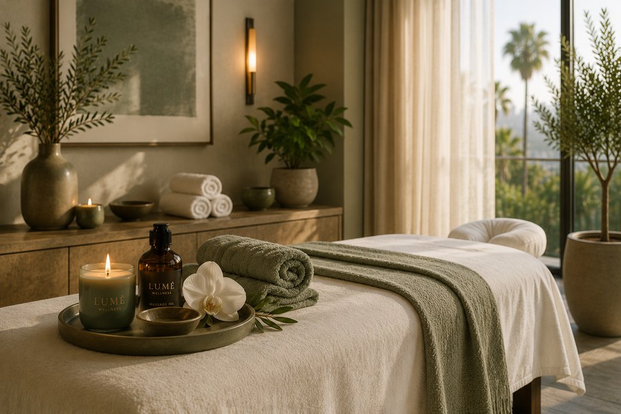 A massage table styled with sage green towels, a Lumé Wellness candle and massage oil, and a white orchid