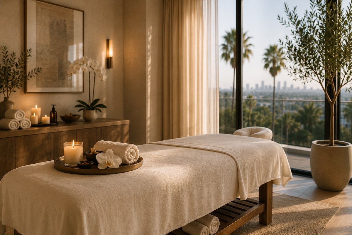 A prepared treatment room with a massage table set with candles, rolled towels, and an orchid, floor-to-ceiling windows overlooking palm trees and the city