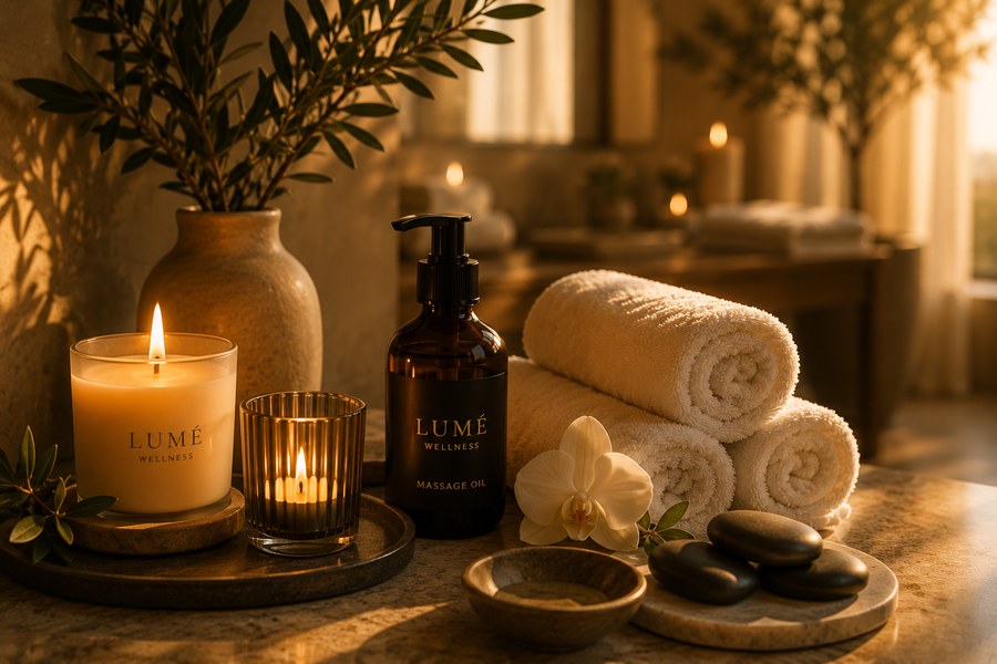 A close-up styled tray of a Lumé Wellness candle, massage oil, orchid, rolled towels, and hot stones in warm evening light